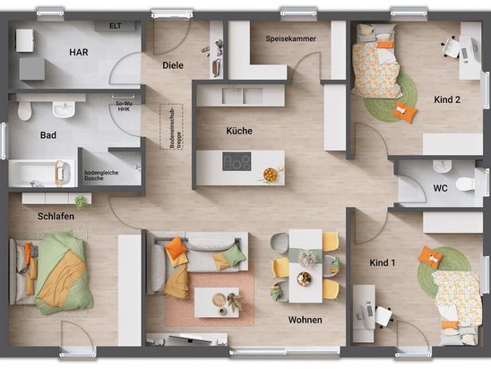 Grundriss des Bungalow 110 mit offener Wohnlösung, Speisekammer und begehbarer Dusche